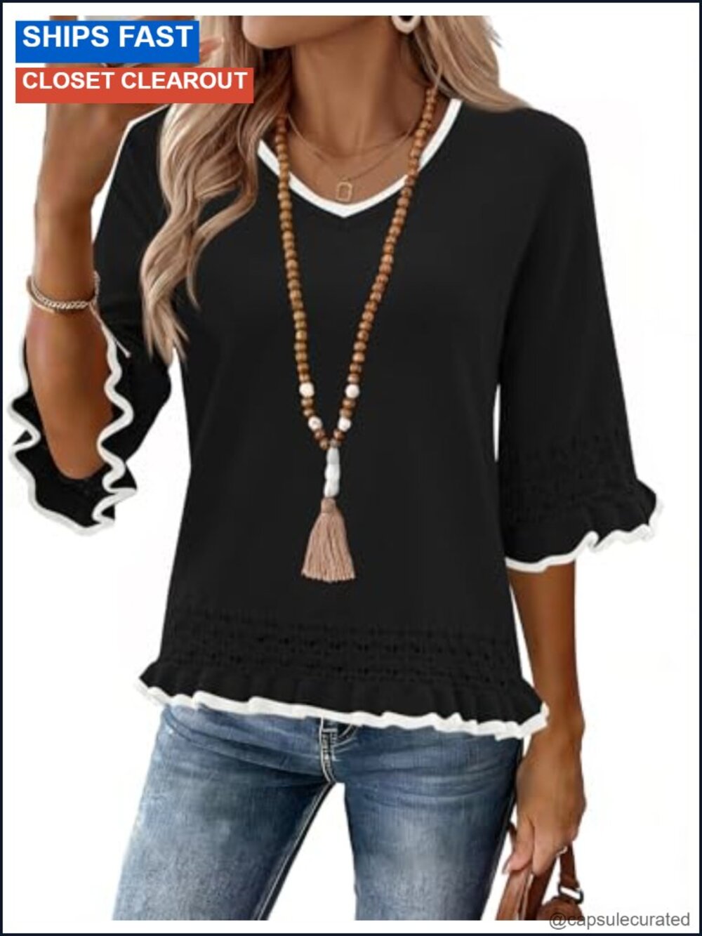 Womens 3/4 Sleeve V-Neck Peplum Sweater Ruffle Hem Knit Pullover